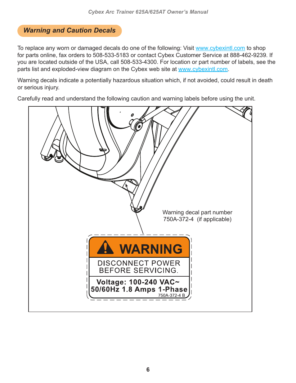 Warning and caution decals, Warning, Decal, disconnect power english | Owatonna | Cybex 625A Arc Trainer User Manual | Page 6 / 94