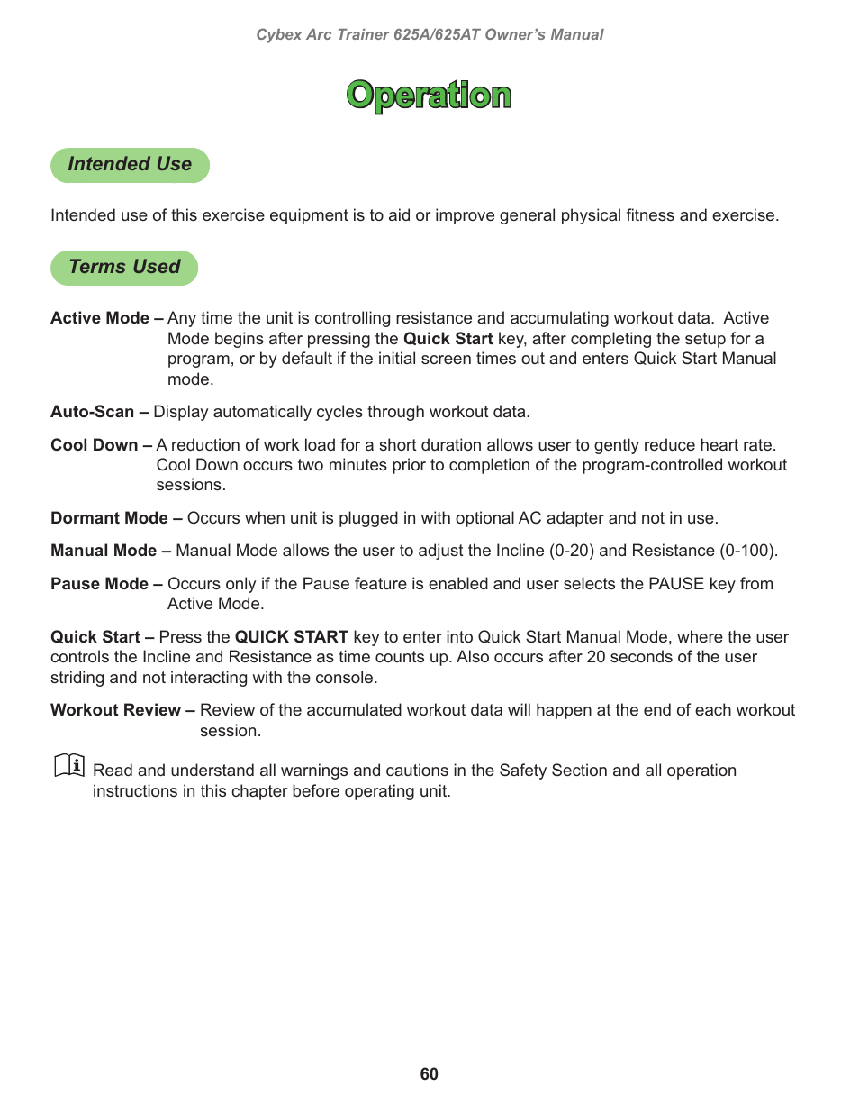 Operation, Intended use, Terms used | Cybex 625A Arc Trainer User Manual | Page 60 / 94