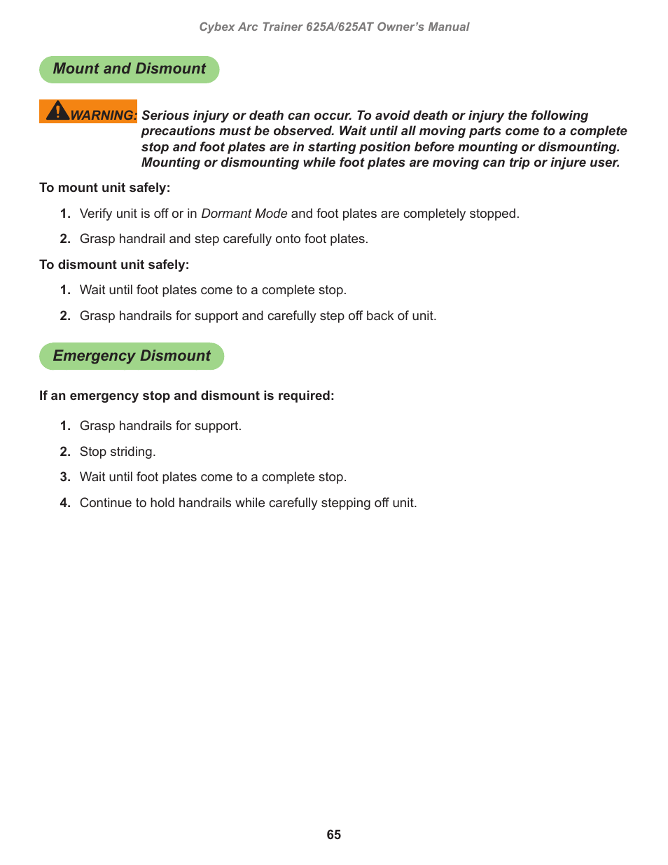 Mount and dismount, Emergency dismount | Cybex 625A Arc Trainer User Manual | Page 65 / 94