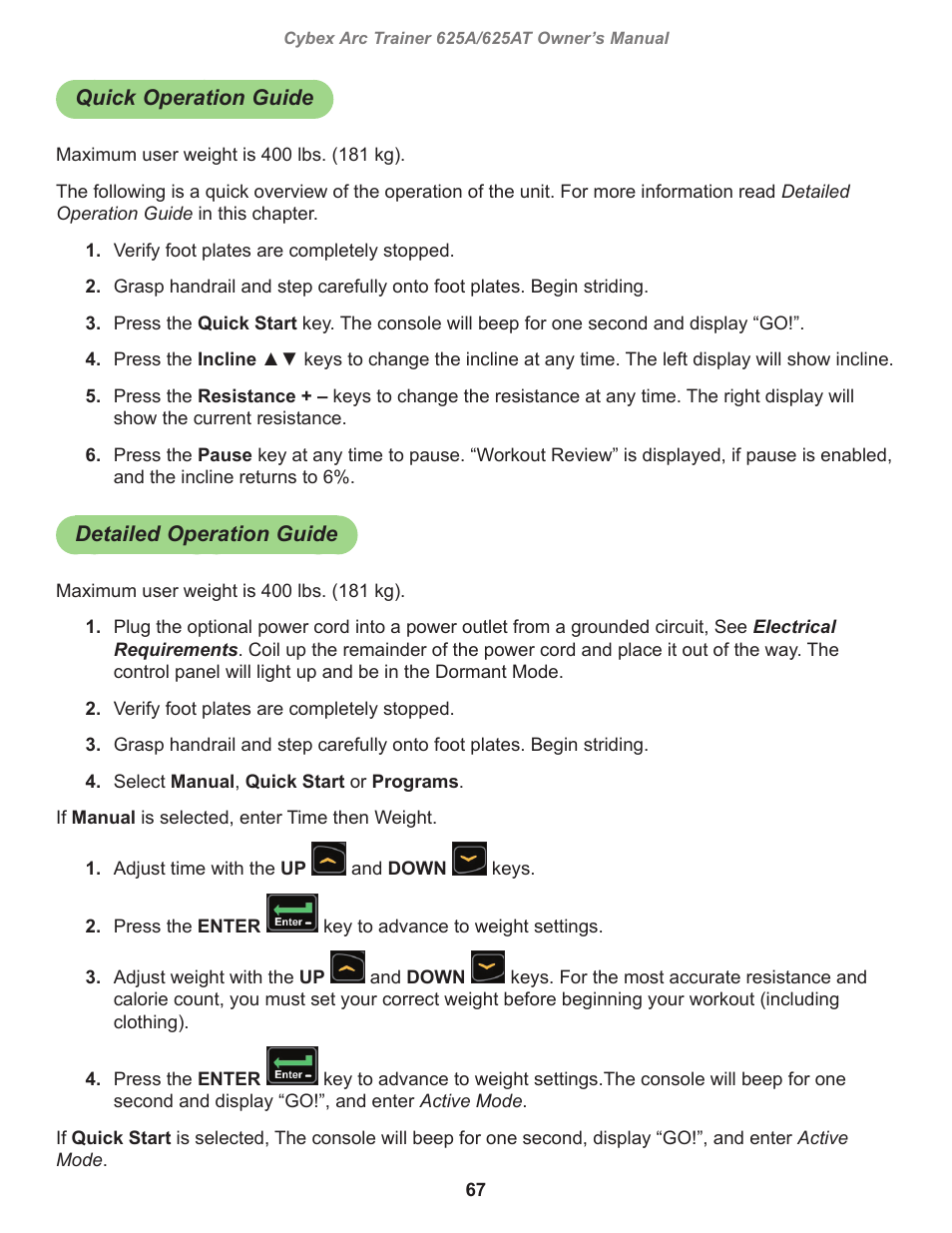 Quick operation guide, Detailed operation guide | Cybex 625A Arc Trainer User Manual | Page 67 / 94