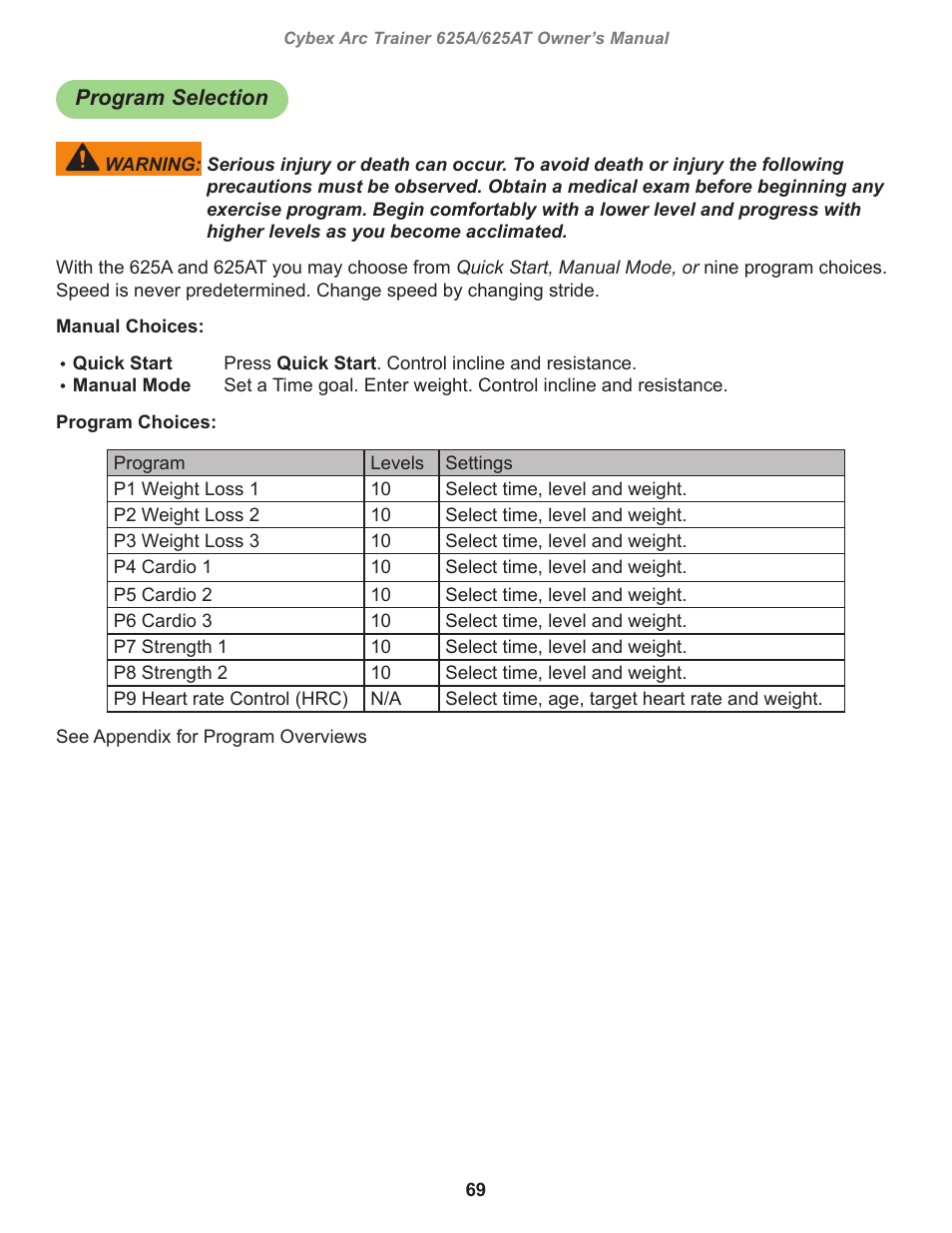 Program selection | Cybex 625A Arc Trainer User Manual | Page 69 / 94