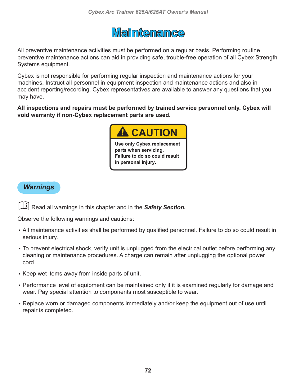 Maintenance, Warnings, Caution | Cybex 625A Arc Trainer User Manual | Page 72 / 94