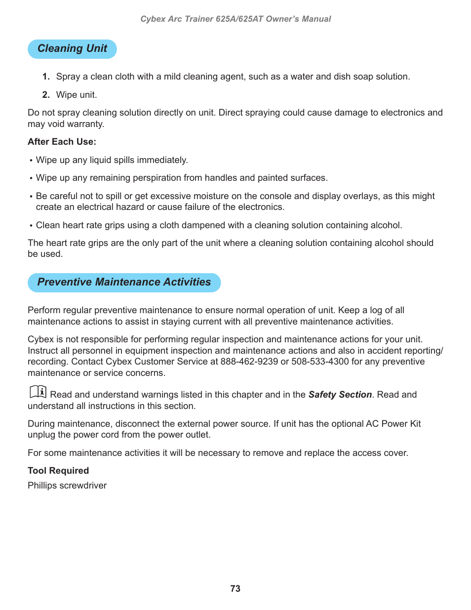 Cleaning unit, Preventive maintenance activities | Cybex 625A Arc Trainer User Manual | Page 73 / 94