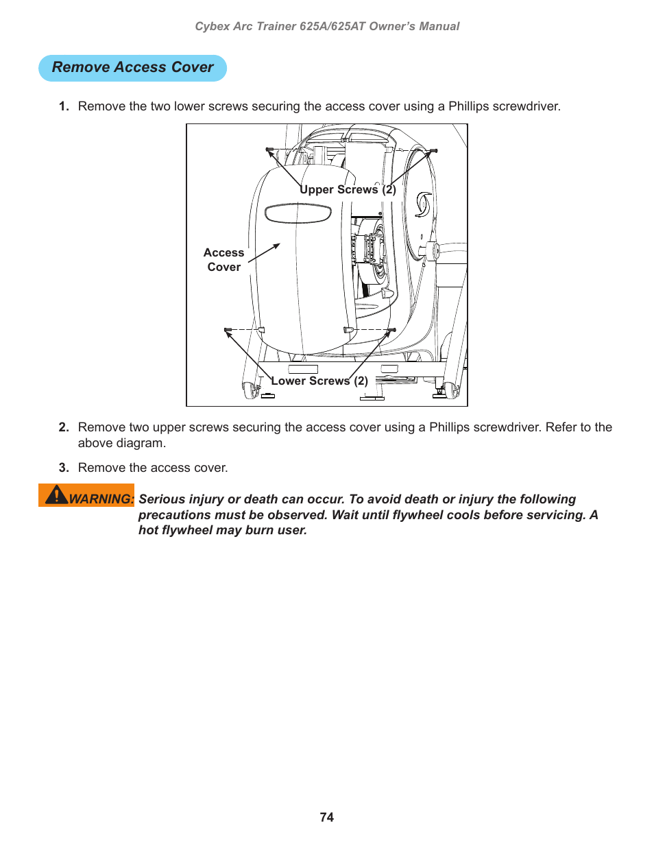 Remove access cover | Cybex 625A Arc Trainer User Manual | Page 74 / 94