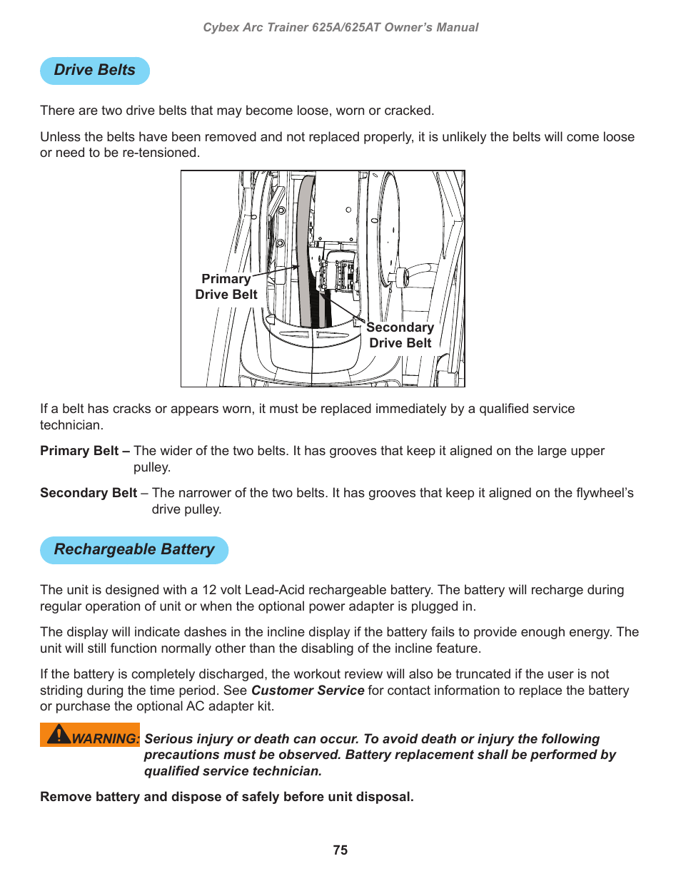Drive belts, Rechargeable battery | Cybex 625A Arc Trainer User Manual | Page 75 / 94