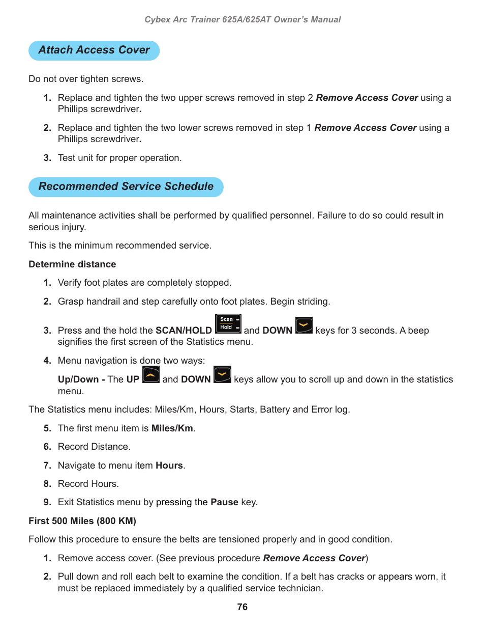 Attach access cover, Recommended service schedule | Cybex 625A Arc Trainer User Manual | Page 76 / 94