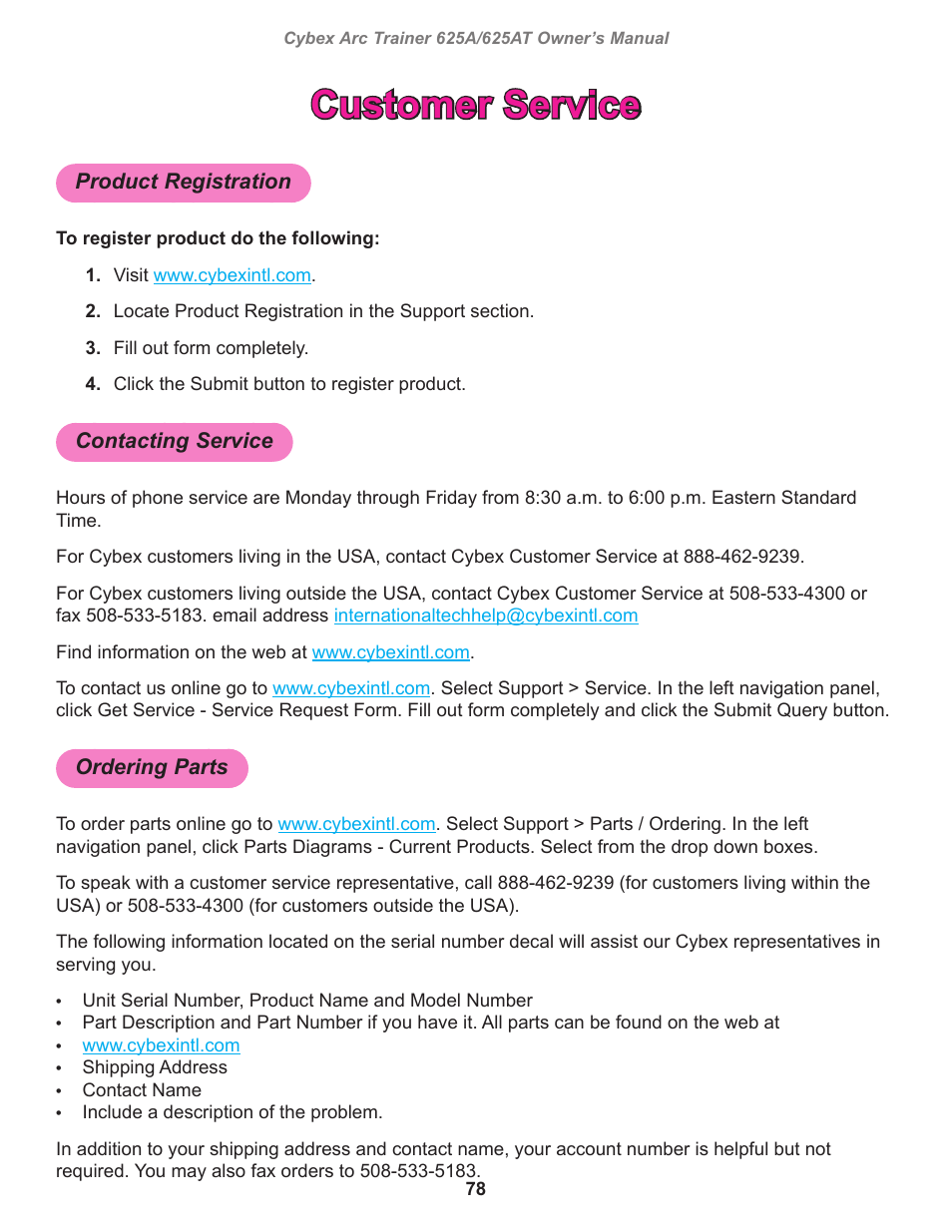 Customer service, Product registration, Contacting service | Ordering parts | Cybex 625A Arc Trainer User Manual | Page 78 / 94