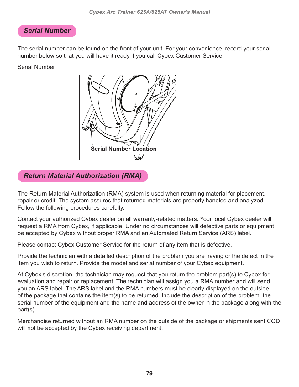 Serial number, Return material authorization (rma) | Cybex 625A Arc Trainer User Manual | Page 79 / 94