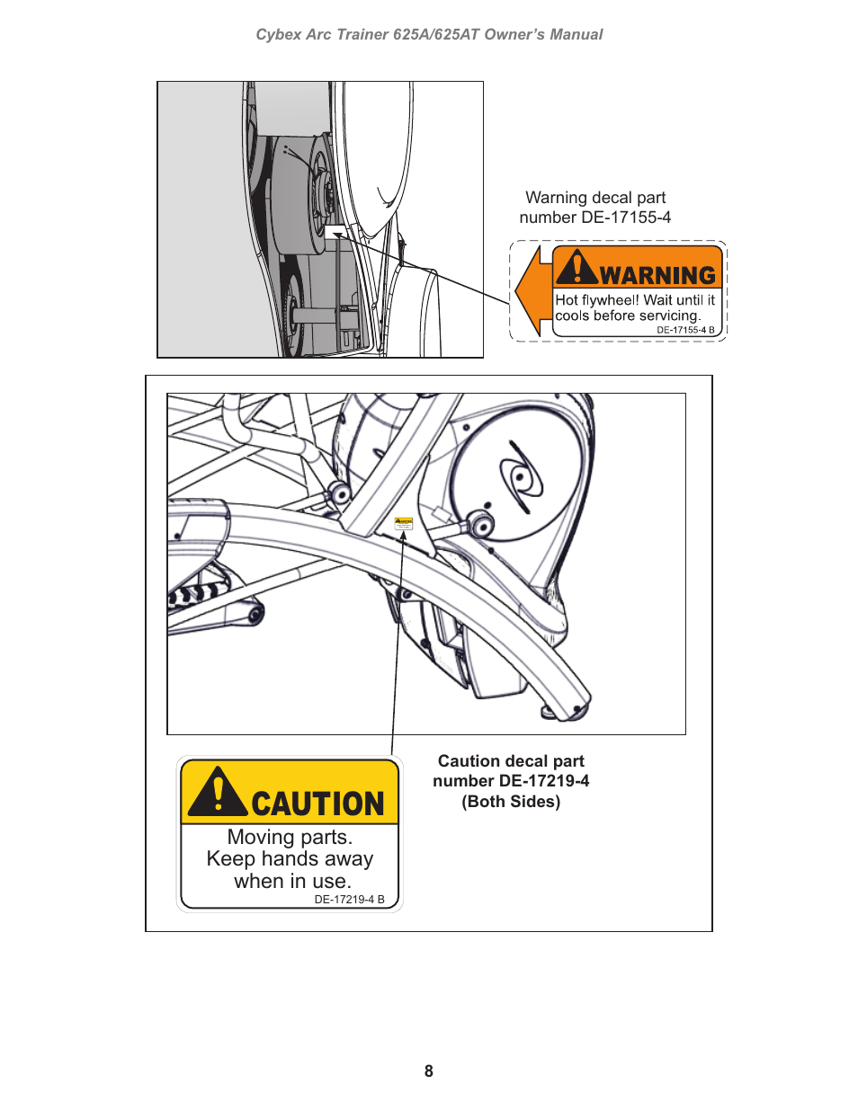 Caution, Warning, Owatonna | Moving parts. keep hands away when in use | Cybex 625A Arc Trainer User Manual | Page 8 / 94