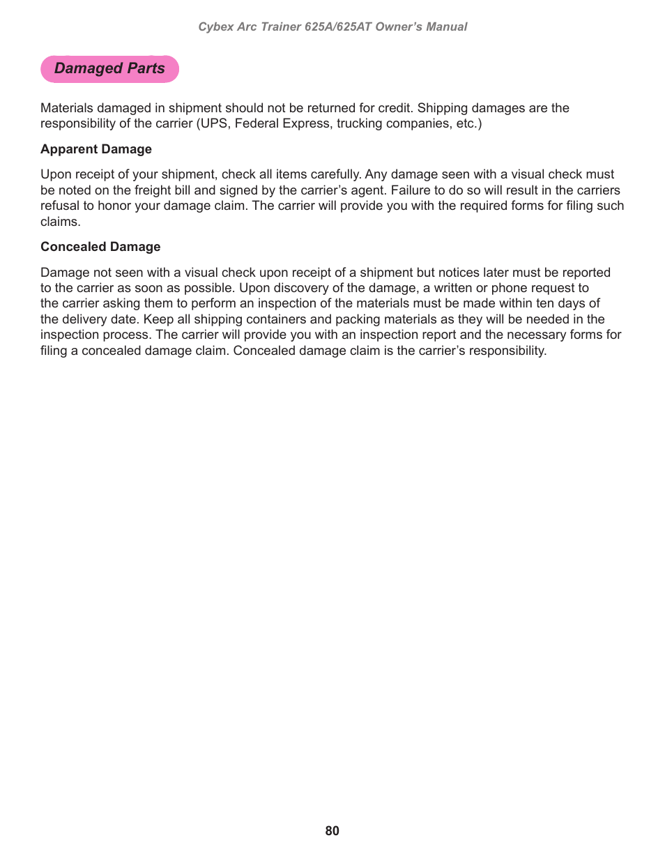 Damaged parts | Cybex 625A Arc Trainer User Manual | Page 80 / 94