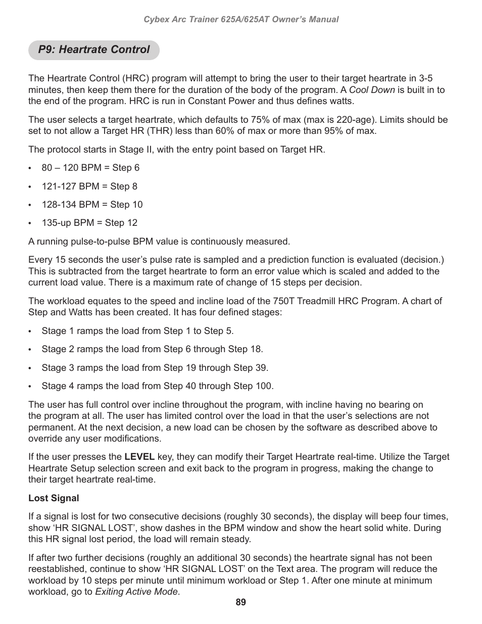 P9: heartrate control | Cybex 625A Arc Trainer User Manual | Page 89 / 94