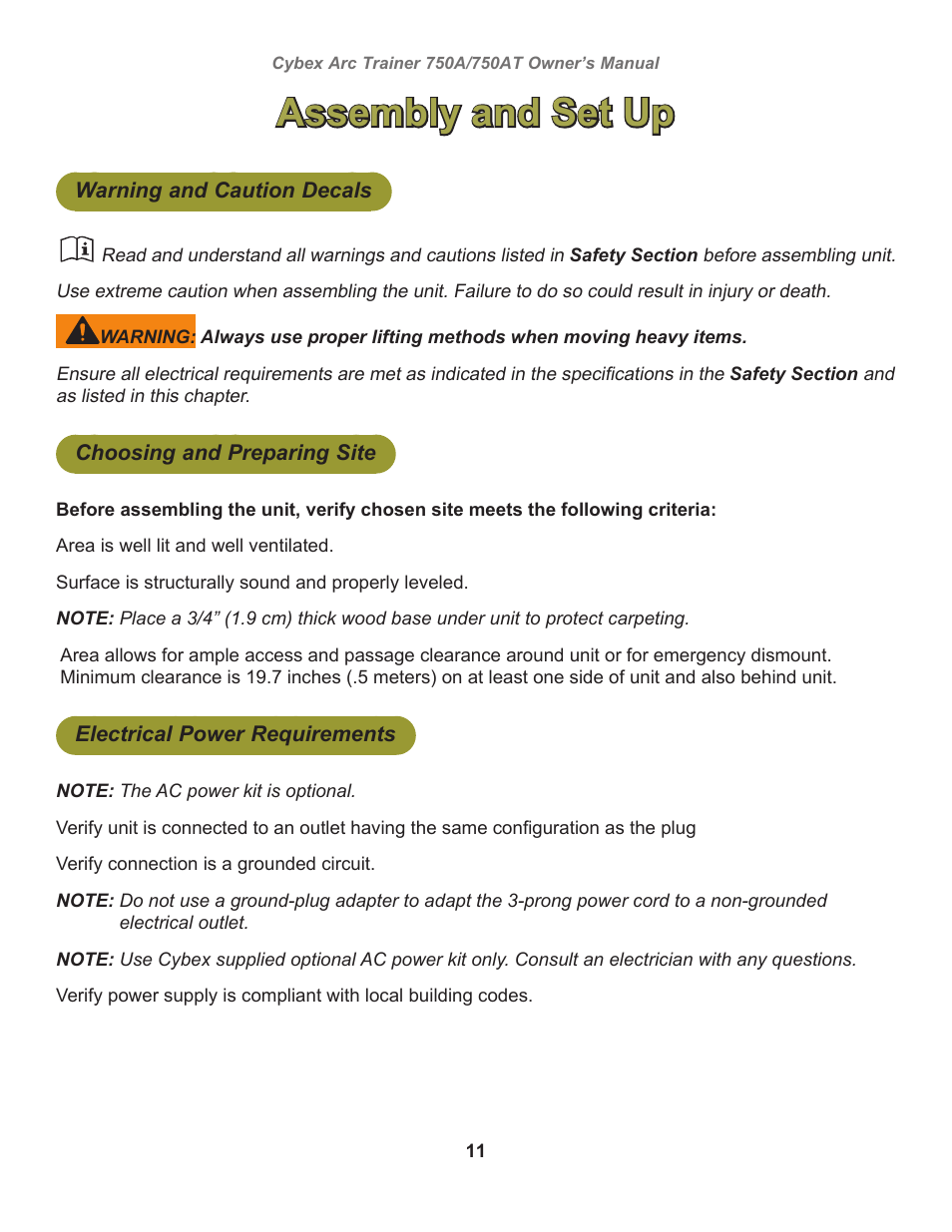 Assembly and set up, Warning and caution decals, Choosing and preparing site | Electrical power requirements | Cybex 750AT Arc Trainer User Manual | Page 11 / 78