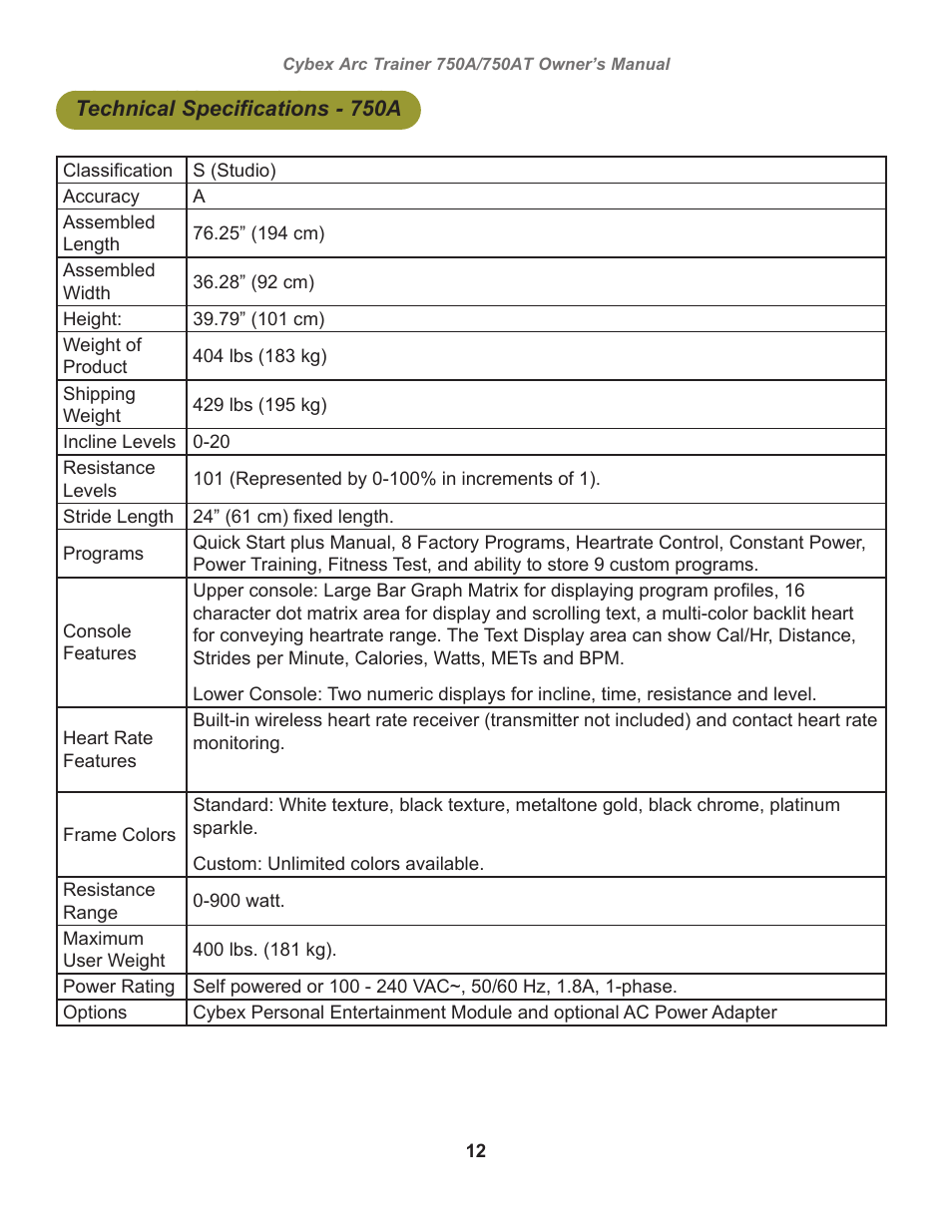 Technical specifications - 750a | Cybex 750AT Arc Trainer User Manual | Page 12 / 78