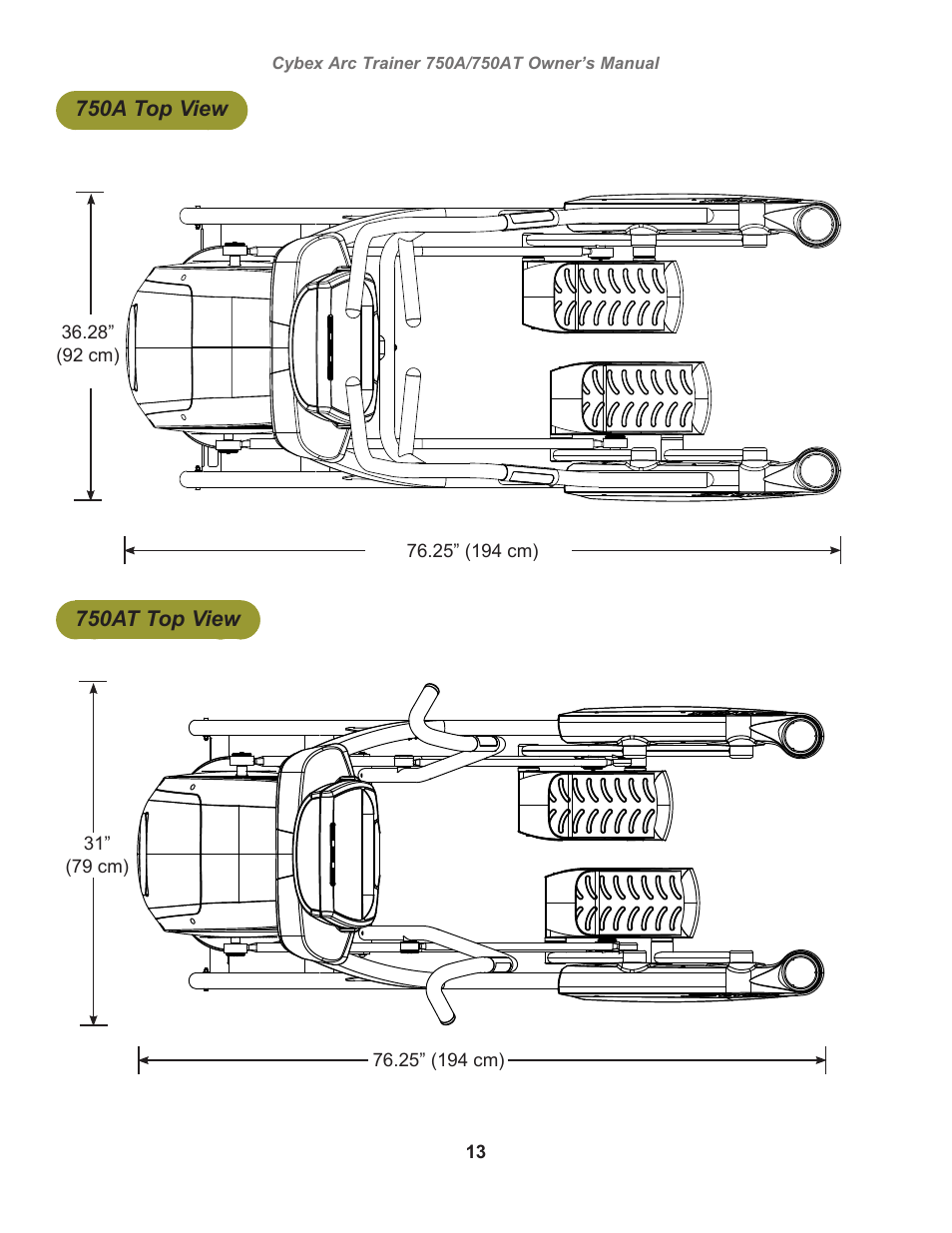 750a top view, 750at top view | Cybex 750AT Arc Trainer User Manual | Page 13 / 78