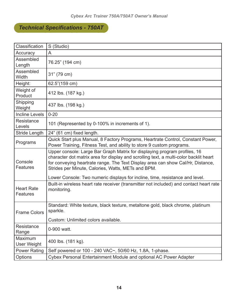 Technical specifications - 750at | Cybex 750AT Arc Trainer User Manual | Page 14 / 78