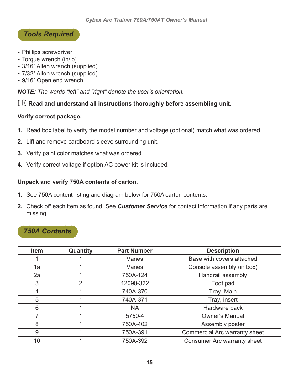 Tools required, 750a contents | Cybex 750AT Arc Trainer User Manual | Page 15 / 78