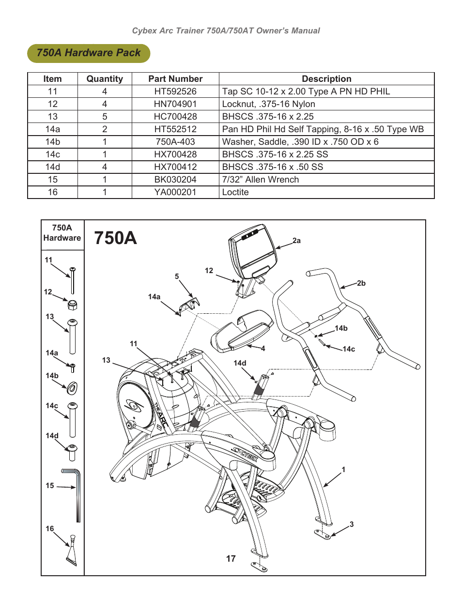 750a hardware pack, 750a | Cybex 750AT Arc Trainer User Manual | Page 17 / 78