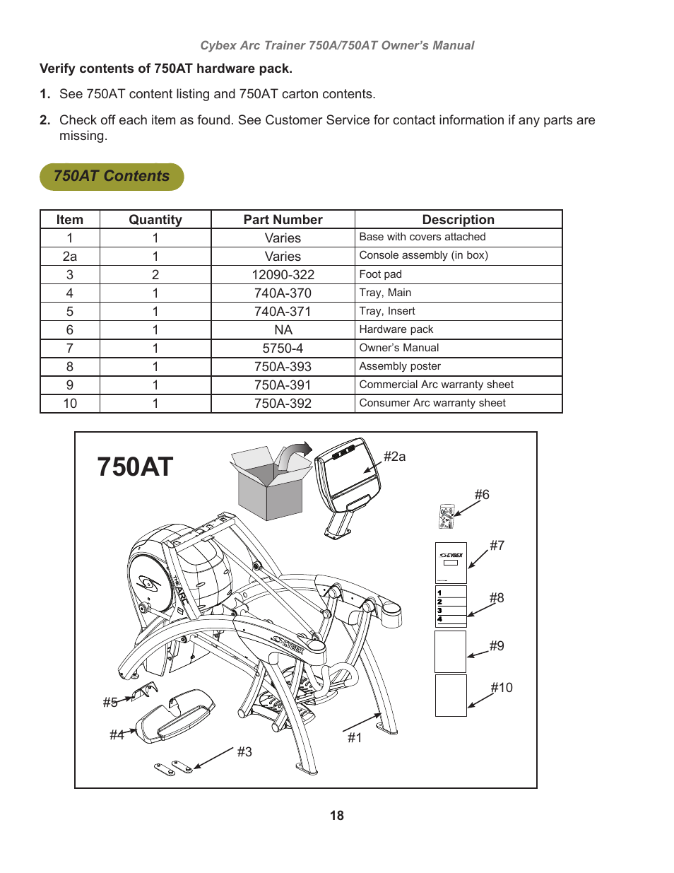 750at contents, 750at | Cybex 750AT Arc Trainer User Manual | Page 18 / 78