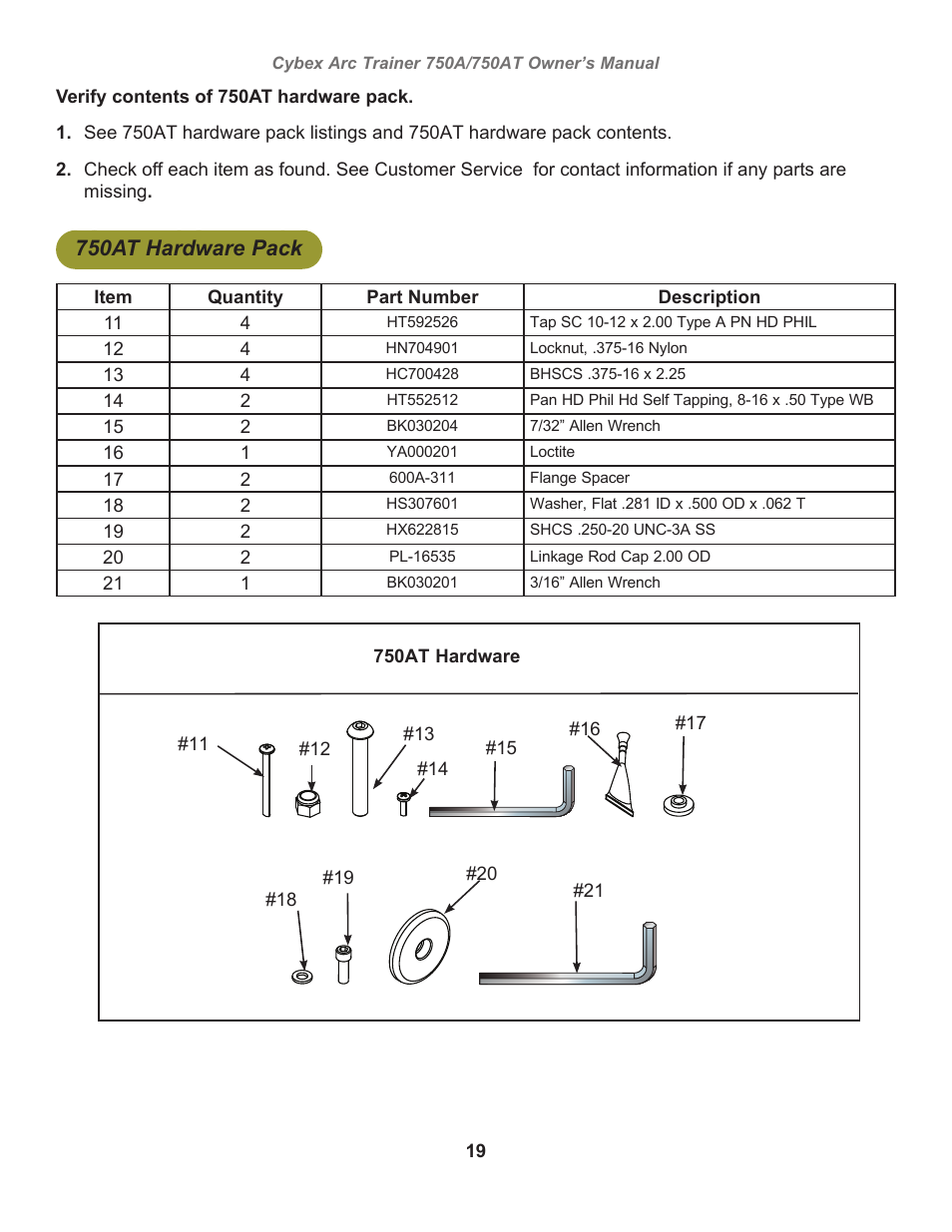 750at hardware pack | Cybex 750AT Arc Trainer User Manual | Page 19 / 78