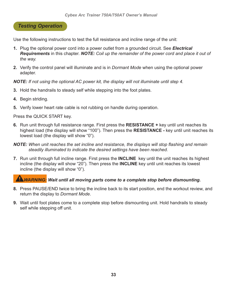 Testing operation | Cybex 750AT Arc Trainer User Manual | Page 33 / 78