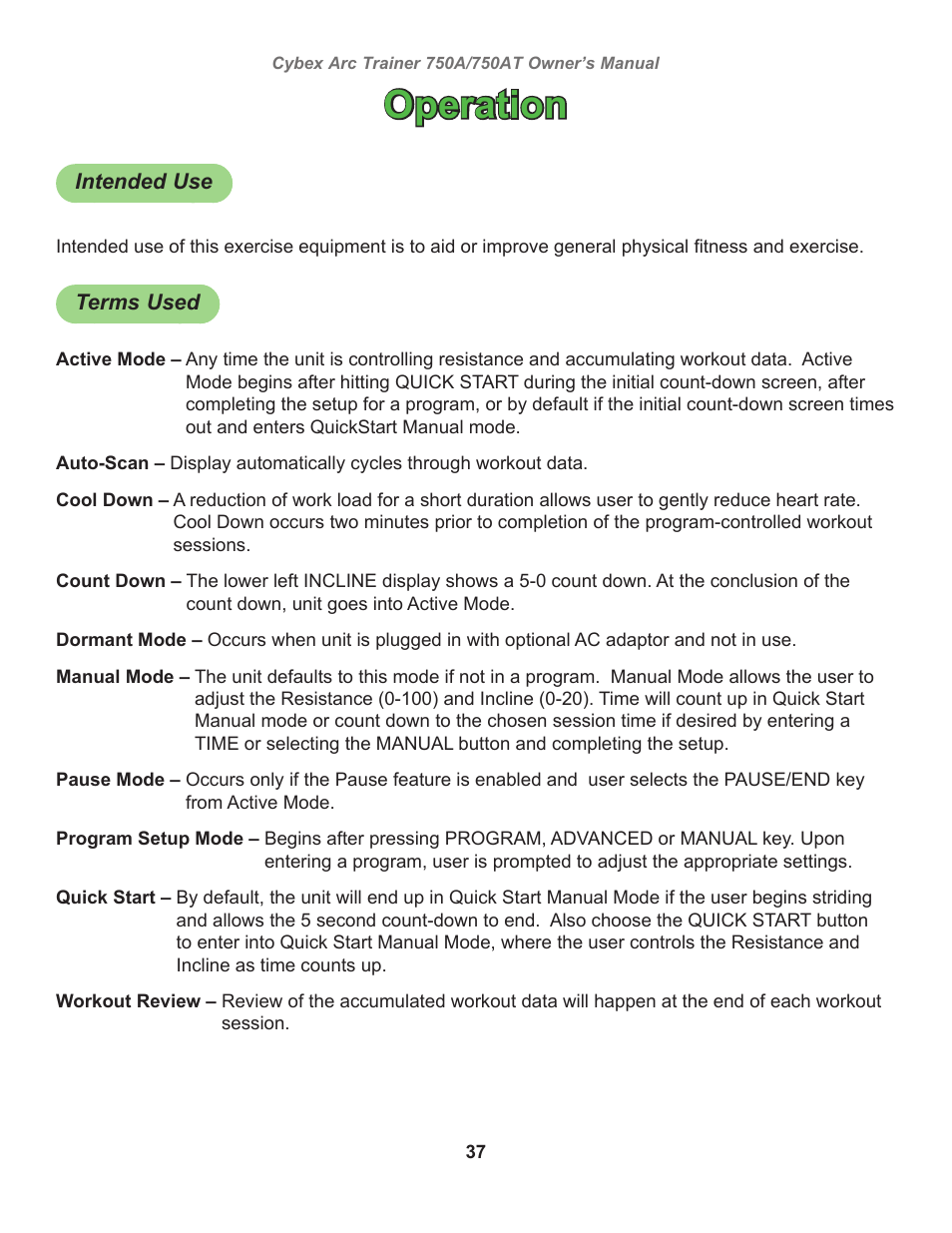 Operation | Cybex 750AT Arc Trainer User Manual | Page 37 / 78