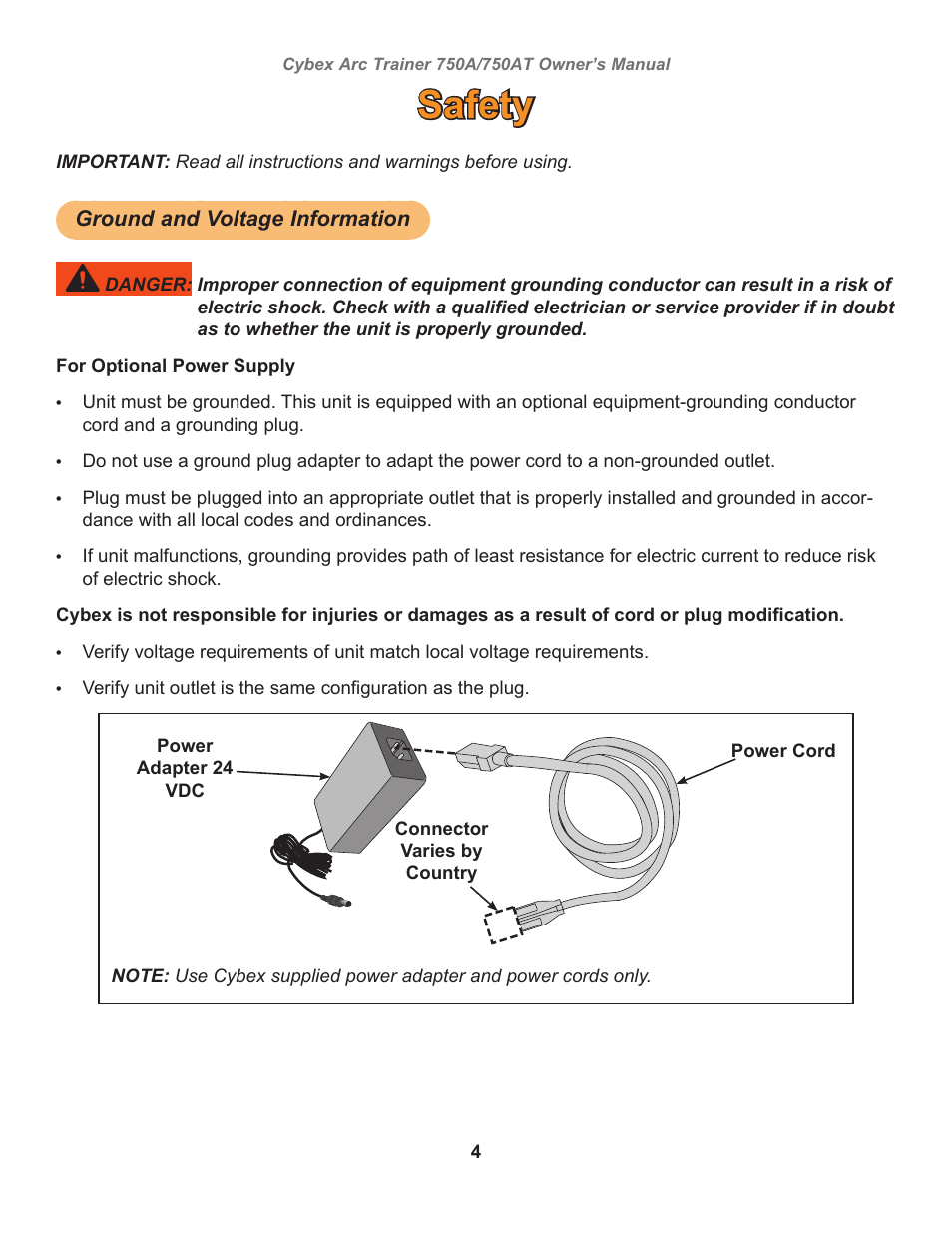 Safety, Ground and voltage information | Cybex 750AT Arc Trainer User Manual | Page 4 / 78