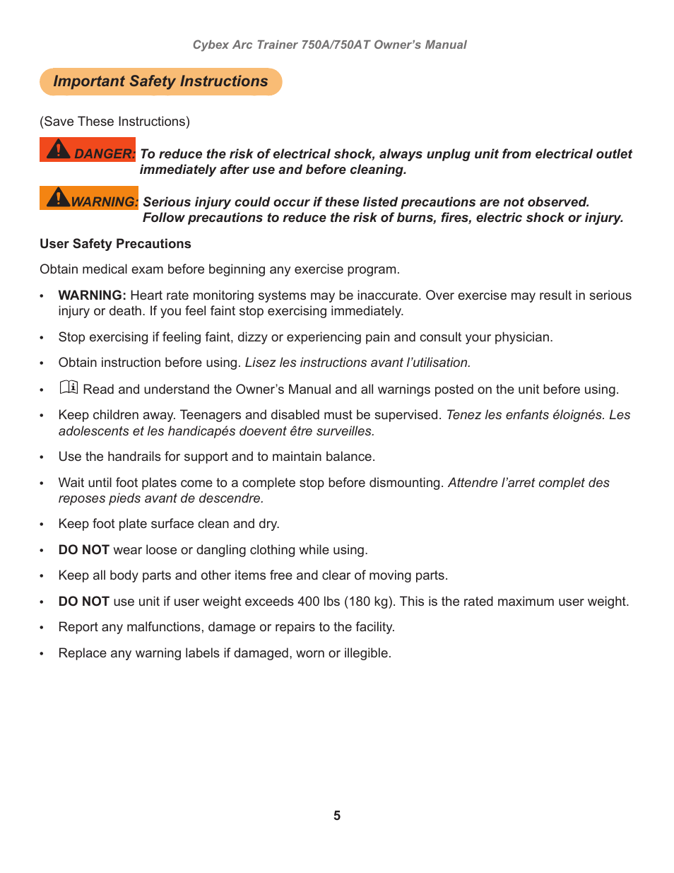 Important safety instructions | Cybex 750AT Arc Trainer User Manual | Page 5 / 78