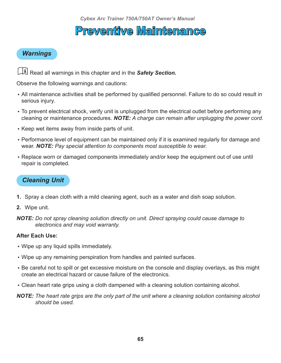 Preventive maintenance, Warnings, Cleaning unit | Cybex 750AT Arc Trainer User Manual | Page 65 / 78