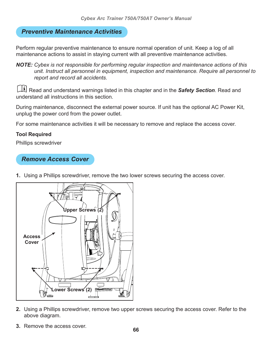 Preventive maintenance activities, Remove access cover | Cybex 750AT Arc Trainer User Manual | Page 66 / 78