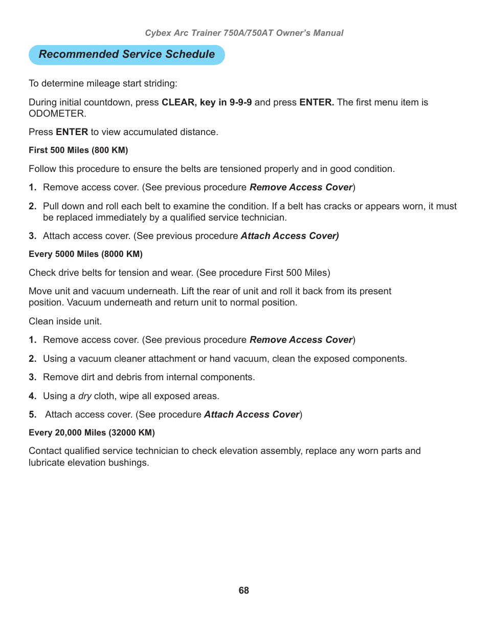 Recommended service schedule | Cybex 750AT Arc Trainer User Manual | Page 68 / 78