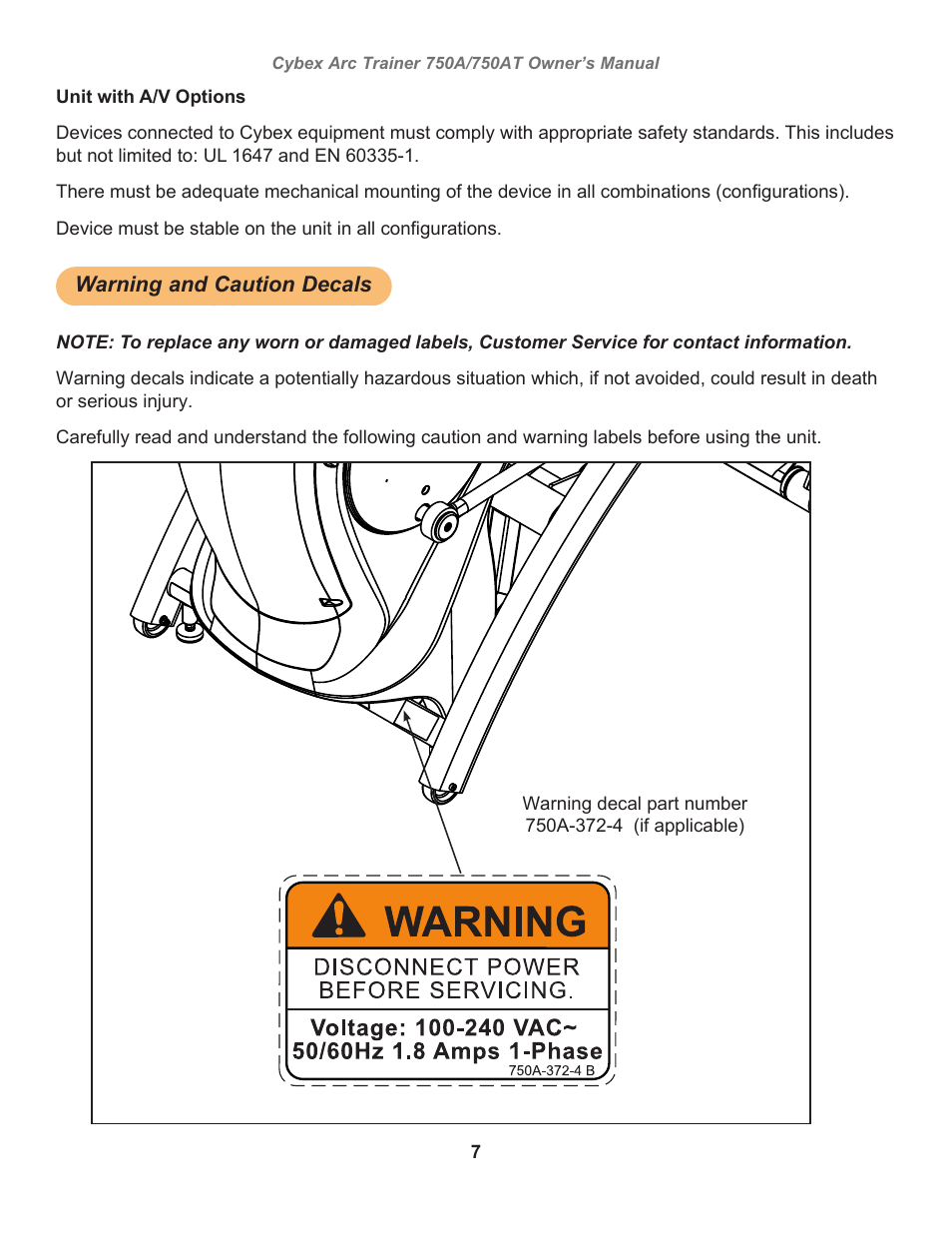 Warning and caution decals, Warning, Decal, disconnect power english | Owatonna | Cybex 750AT Arc Trainer User Manual | Page 7 / 78