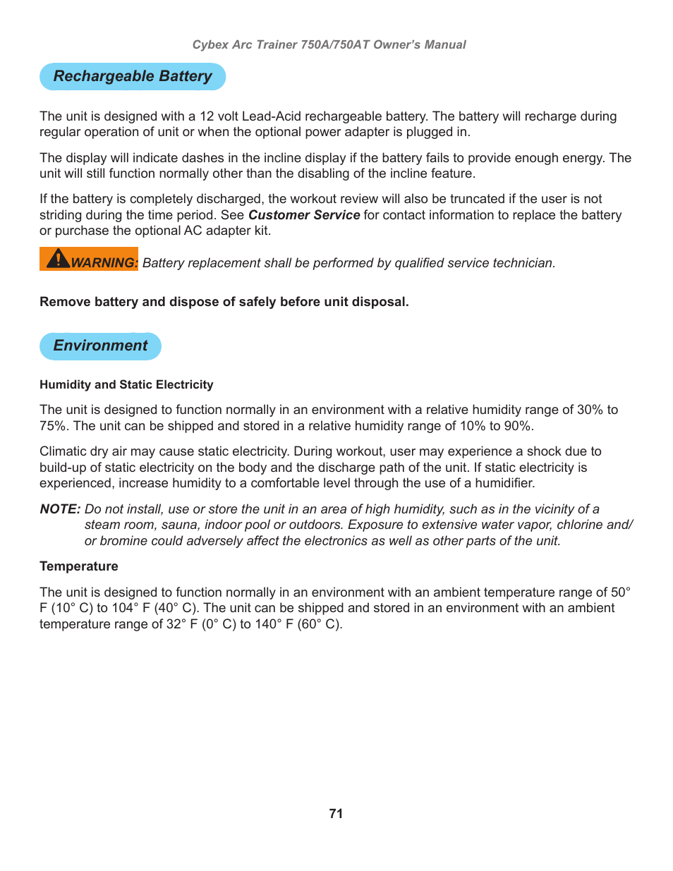 Rechargeable battery, Environment | Cybex 750AT Arc Trainer User Manual | Page 71 / 78