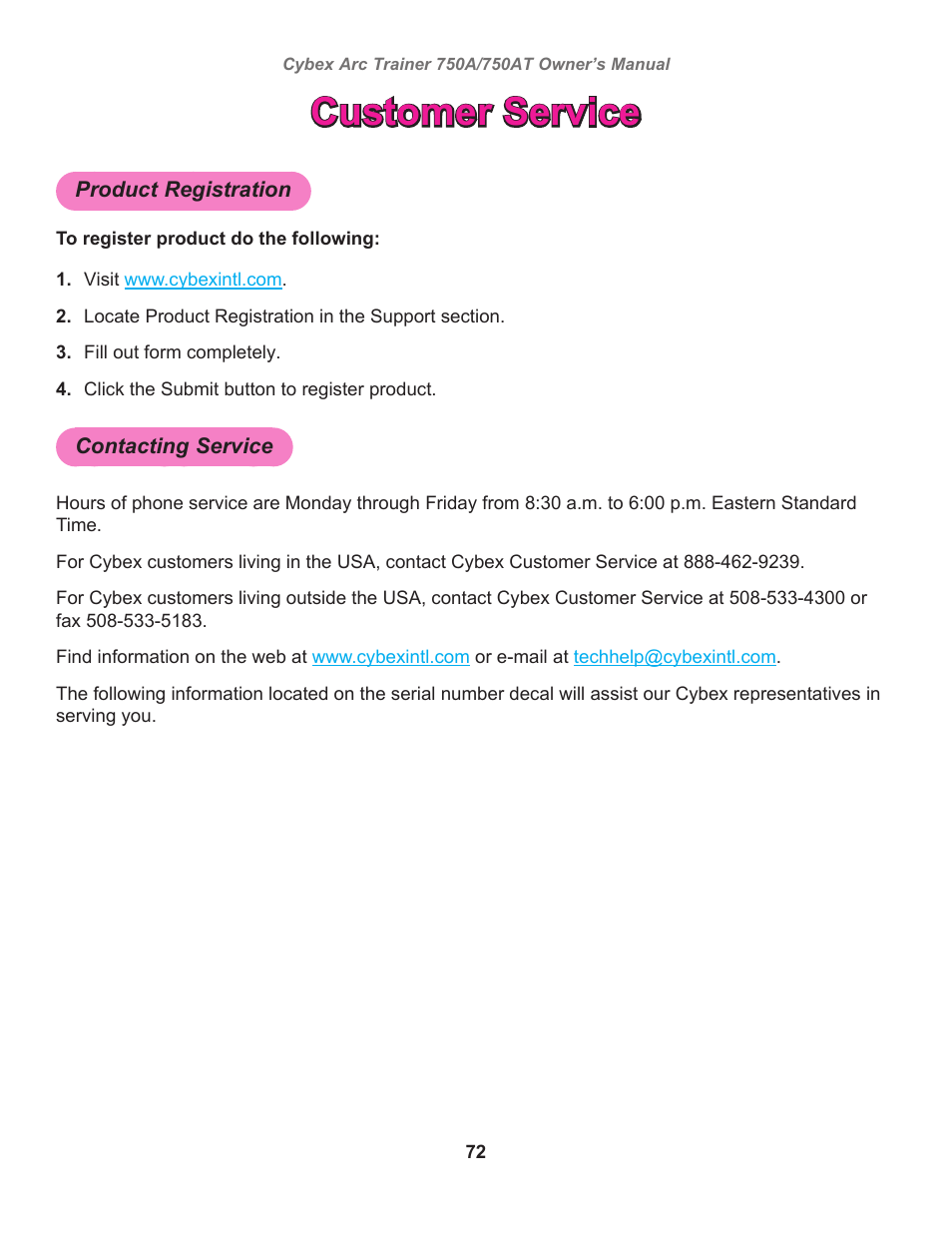 Customer service, Product registration, Contacting service | Cybex 750AT Arc Trainer User Manual | Page 72 / 78