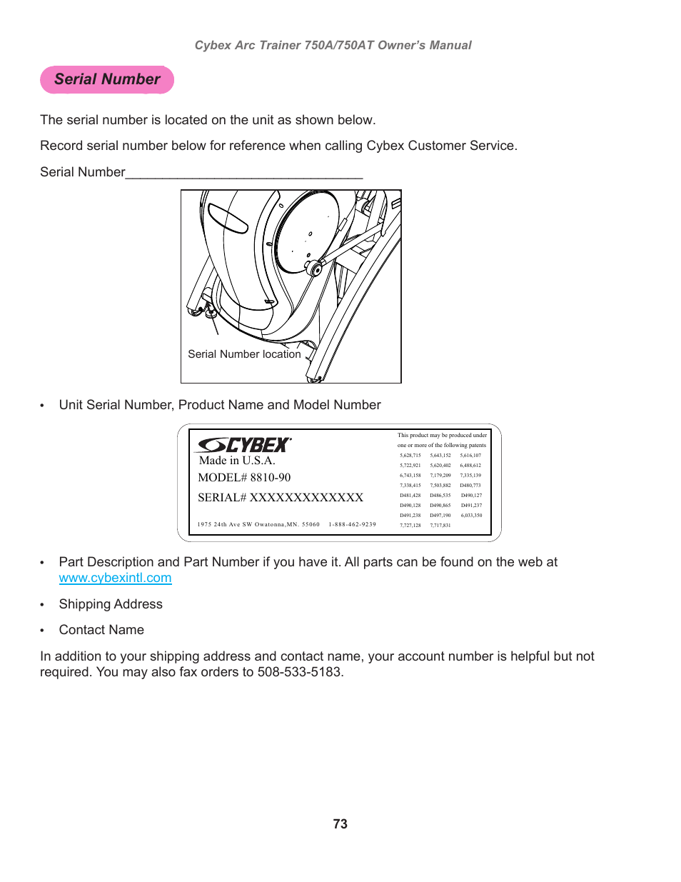 Serial number, Serial number 8800 decal, Unit serial number, product name and model number | Owatonna, Contact name | Cybex 750AT Arc Trainer User Manual | Page 73 / 78