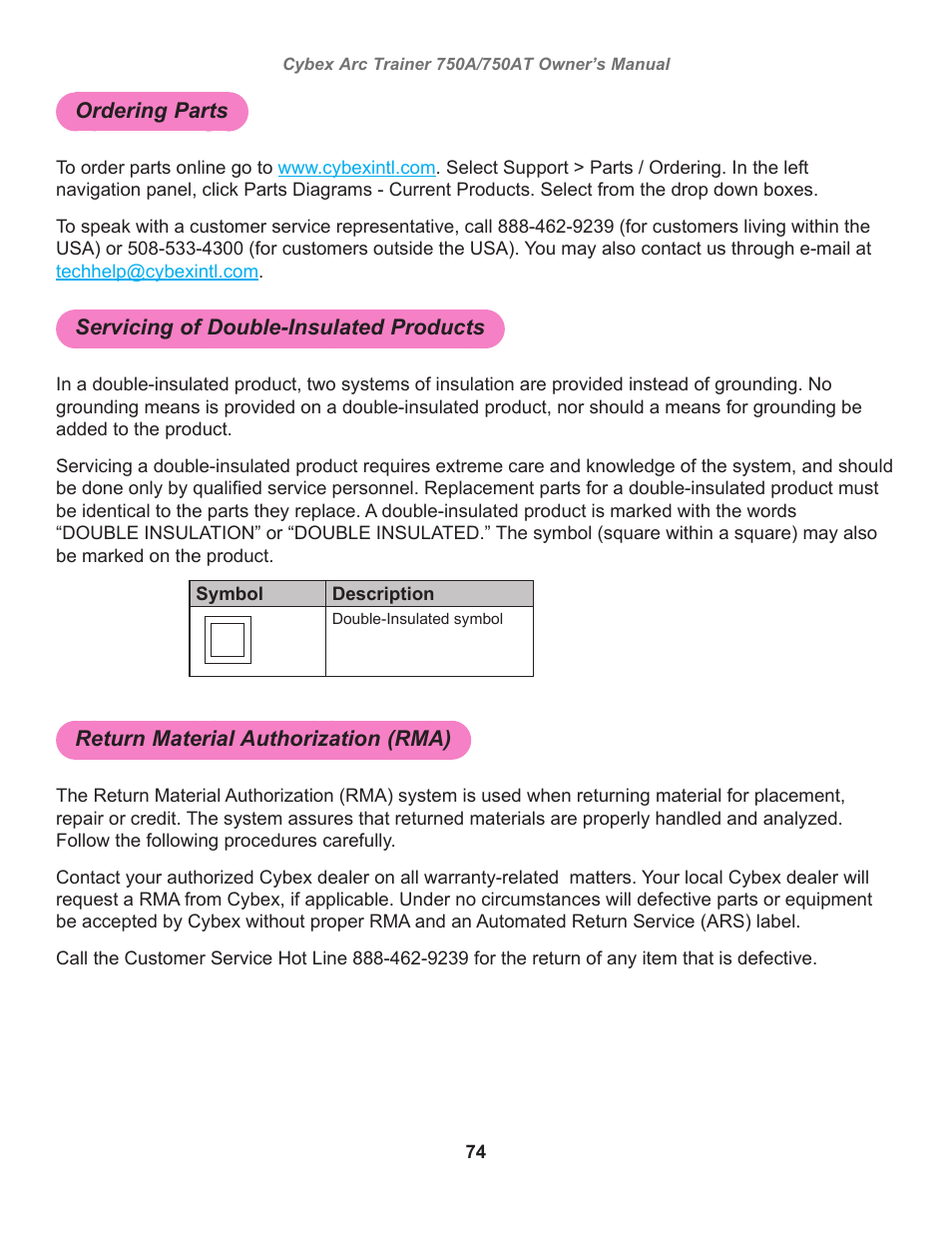 Ordering parts, Servicing of double-insulated products, Return material authorization (rma) | Cybex 750AT Arc Trainer User Manual | Page 74 / 78