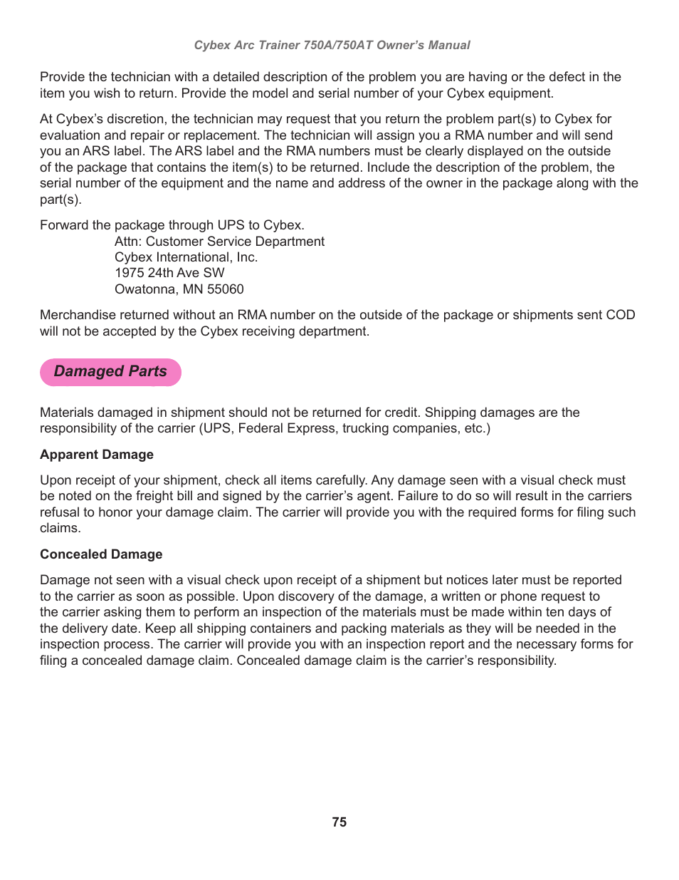 Damaged parts | Cybex 750AT Arc Trainer User Manual | Page 75 / 78