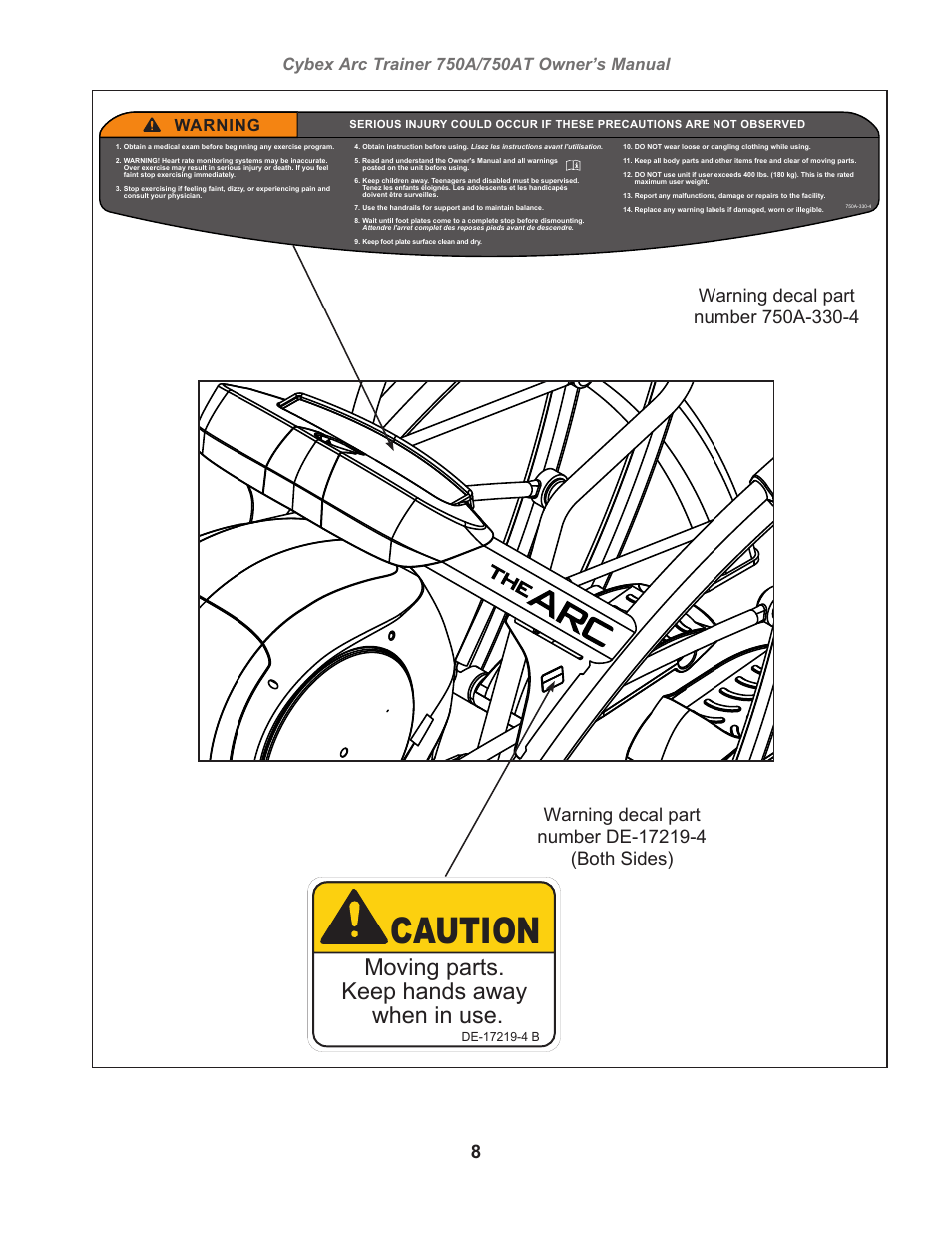 Caution, Owatonna, Moving parts. keep hands away when in use | Warning | Cybex 750AT Arc Trainer User Manual | Page 8 / 78