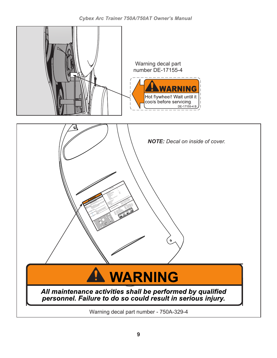 Warning, Owatonna, Hot flywheel! wait until it cools before servicing | Cybex 750AT Arc Trainer User Manual | Page 9 / 78