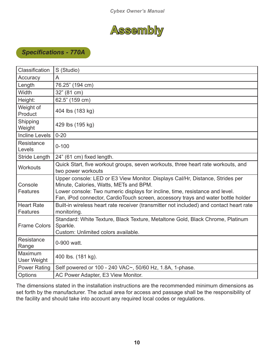 Assembly, Specifications - 770a | Cybex 770A Arc Trainer User Manual | Page 10 / 96