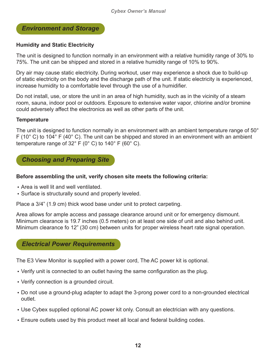 Environment and storage, Choosing and preparing site, Electrical power requirements | Cybex 770A Arc Trainer User Manual | Page 12 / 96