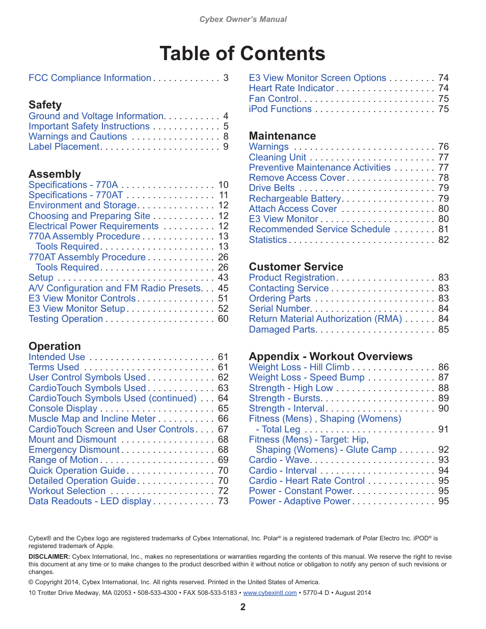 Cybex 770A Arc Trainer User Manual | Page 2 / 96