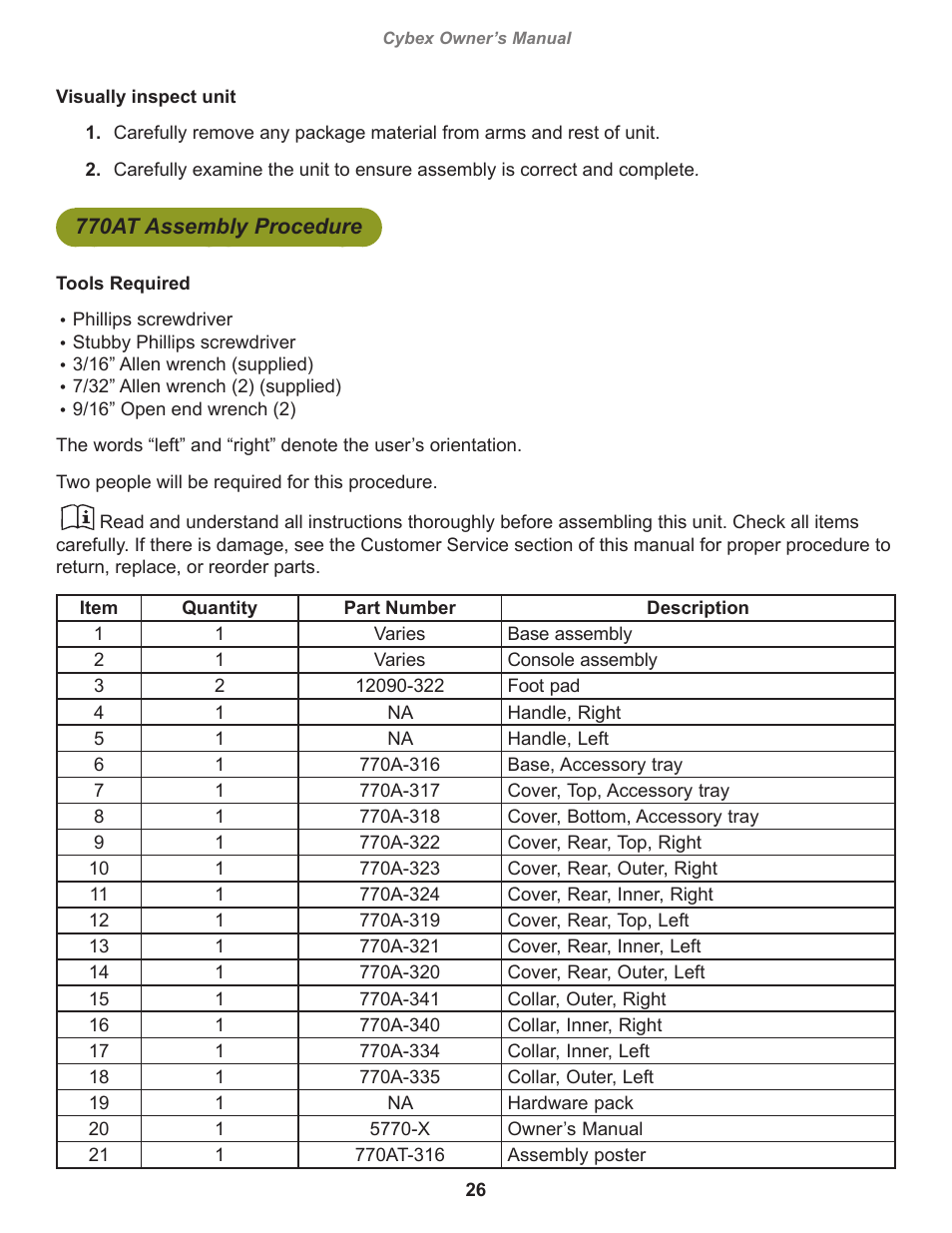 770at assembly procedure, Tools required | Cybex 770A Arc Trainer User Manual | Page 26 / 96