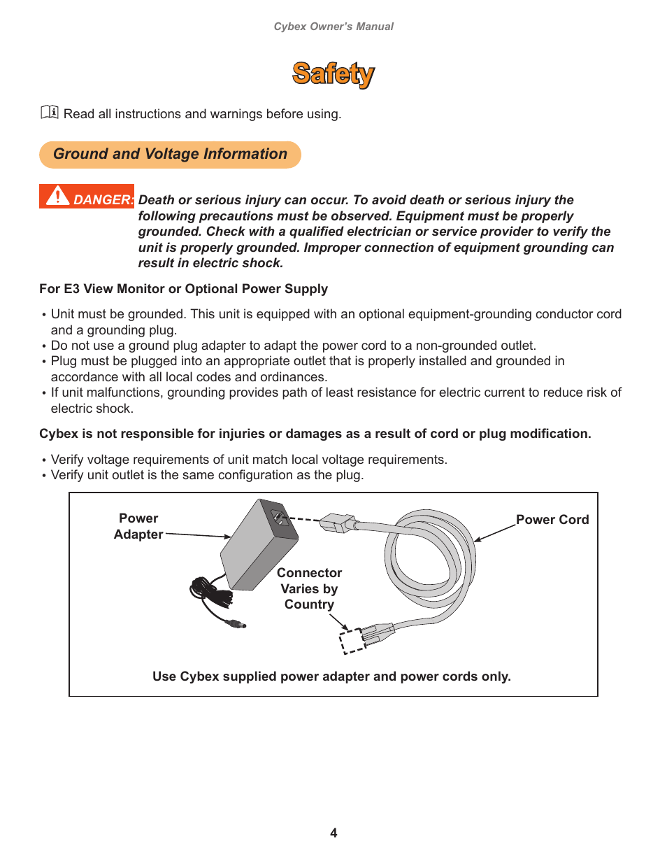 Safety, Ground and voltage information | Cybex 770A Arc Trainer User Manual | Page 4 / 96