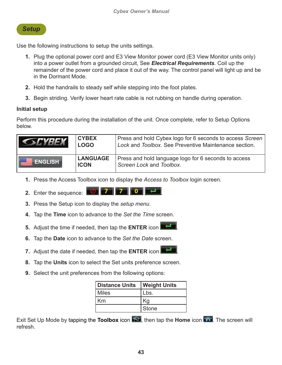 Setup | Cybex 770A Arc Trainer User Manual | Page 43 / 96