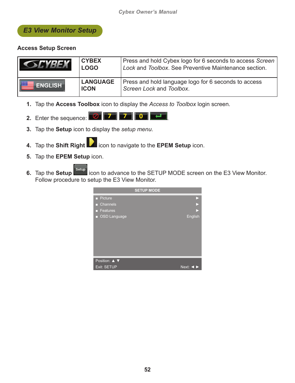 E3 view monitor setup | Cybex 770A Arc Trainer User Manual | Page 52 / 96