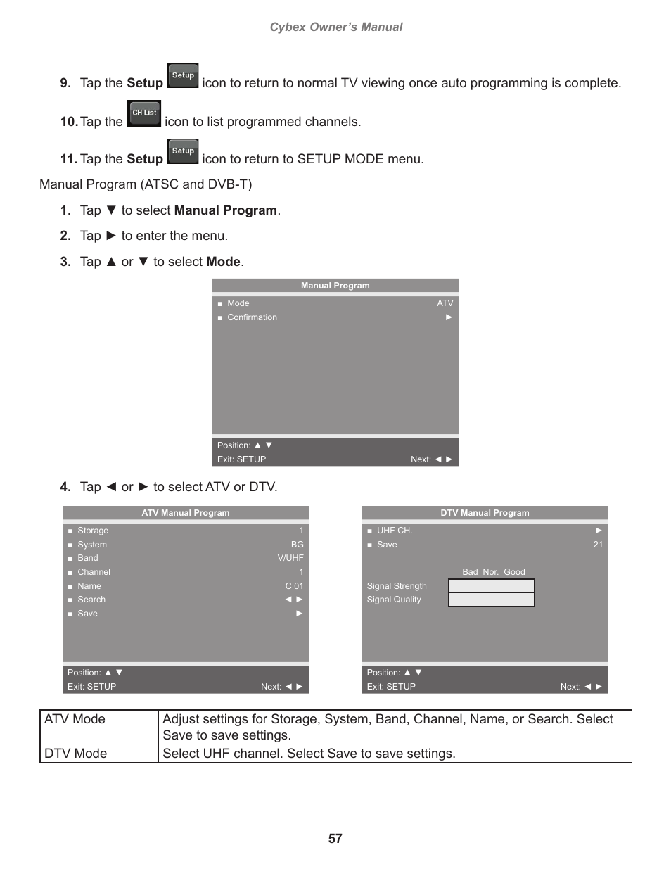 Tap ◄ or ► to select atv or dtv | Cybex 770A Arc Trainer User Manual | Page 57 / 96