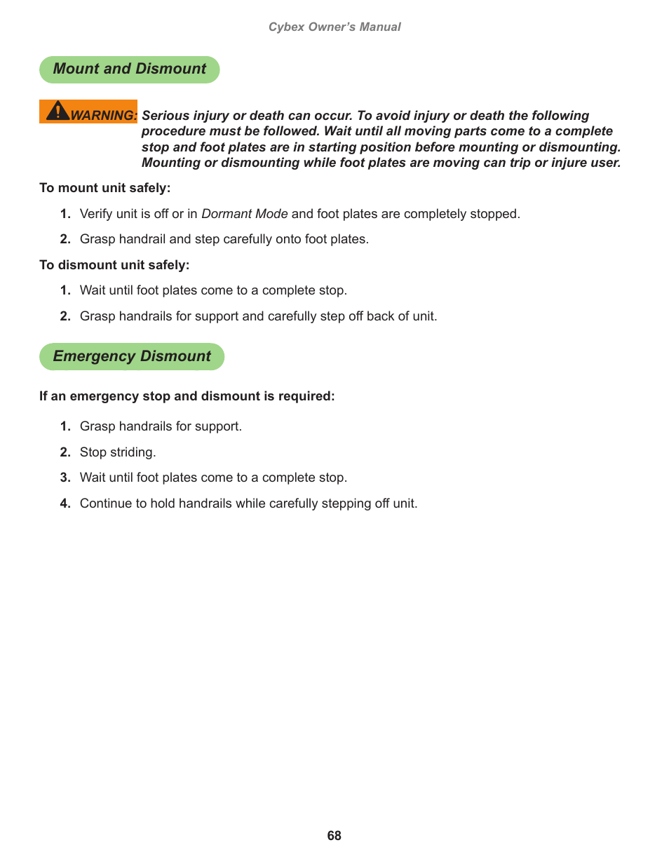 Mount and dismount, Emergency dismount | Cybex 770A Arc Trainer User Manual | Page 68 / 96