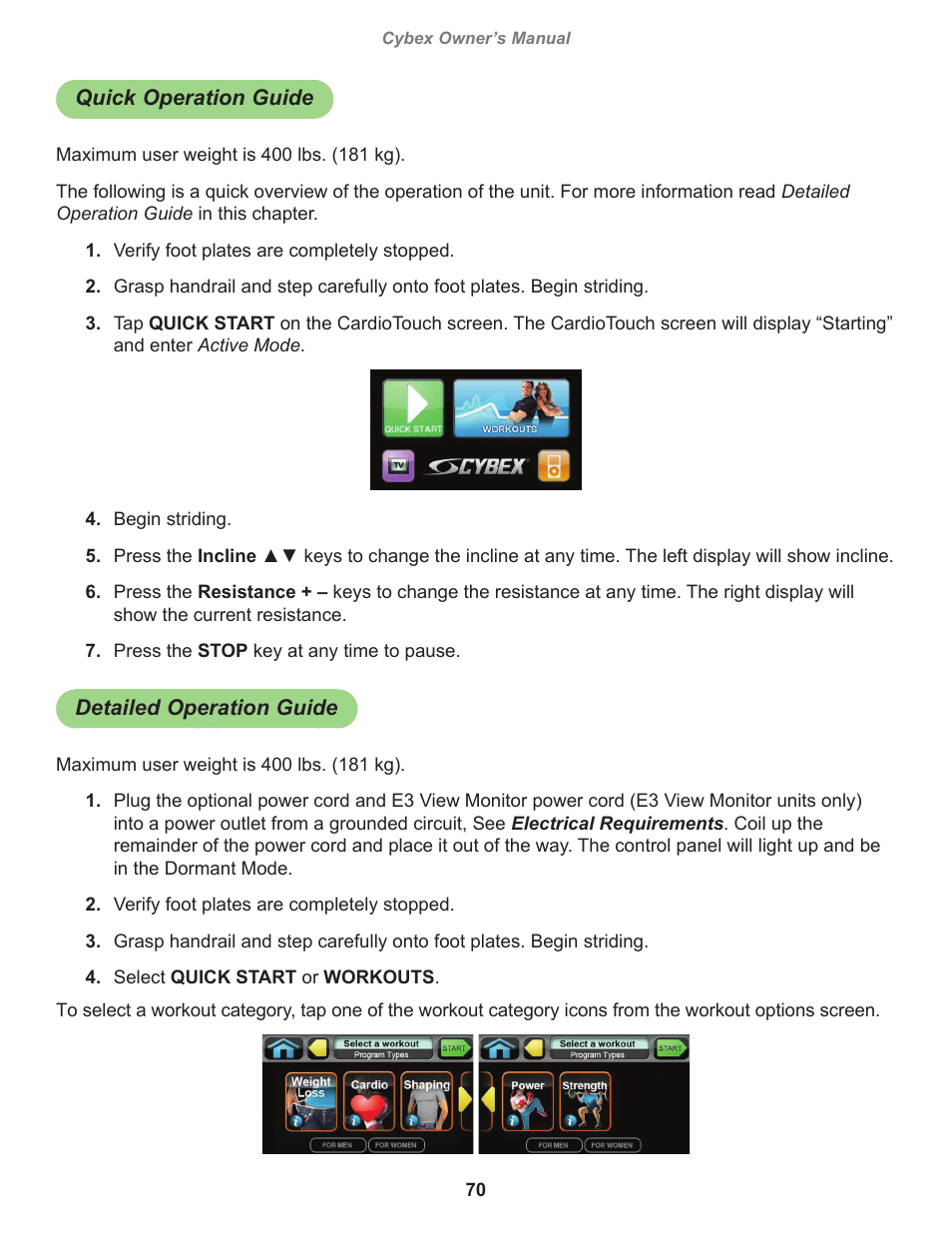 Quick operation guide, Detailed operation guide | Cybex 770A Arc Trainer User Manual | Page 70 / 96