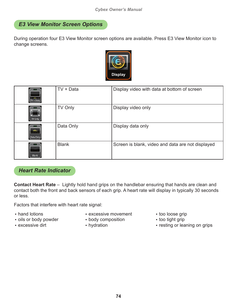 E3 view monitor screen options, Heart rate indicator | Cybex 770A Arc Trainer User Manual | Page 74 / 96