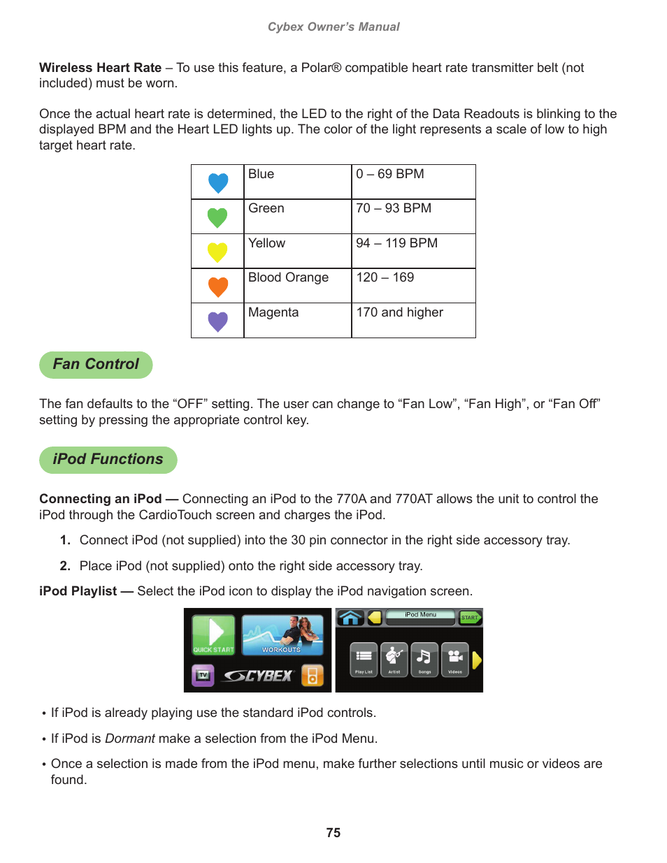 Fan control, Ipod functions | Cybex 770A Arc Trainer User Manual | Page 75 / 96